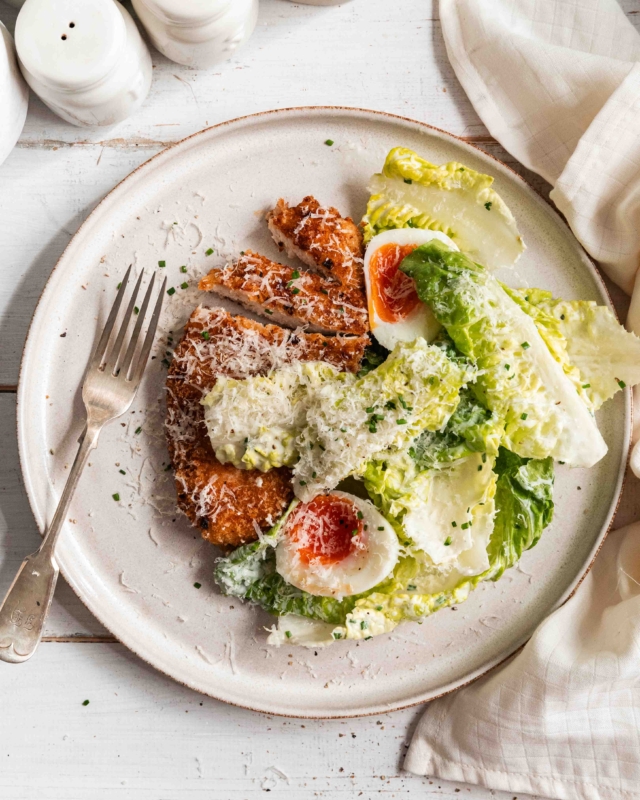 Caesar Salad with Crispy Chicken Schnitzel