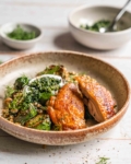Crispy chicken with blistered courgettes and herby green sauce